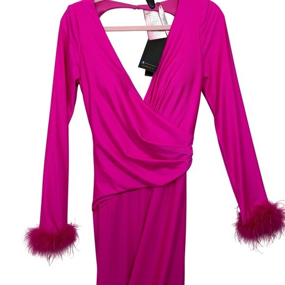 Terani Couture 231P0074 Fuchsia Pink Feather Trim Long Sleeve Gown Dress 6 - Picture 16 of 16